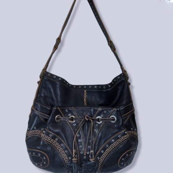 Rare $368 Cole Haan Grommet Hobo Tassel Embellished Leather Hobo Purse Bag - Picture 1 of 13